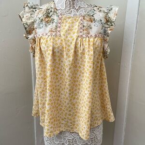 ENTRO for Anthropologie Floral Yellow Ruffle Sleeve Top size large